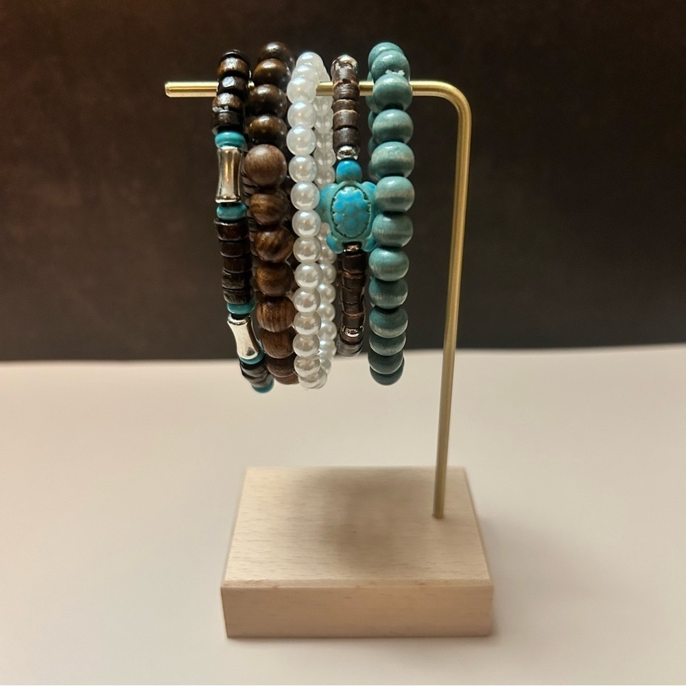 5 Piece Turquoise Brown Silver Faux Pearl Beaded Bracelet Set